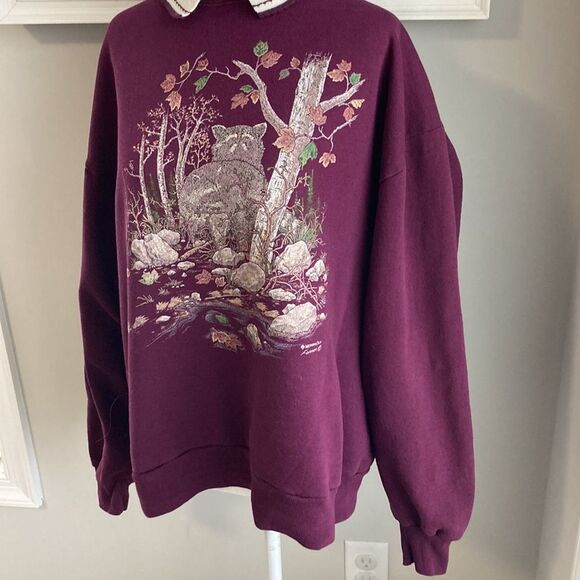 Vintage 90s 80s Morning Sun Purple Cat Fox Forest Collared Sweatshirt Large - Picture 4 of 12